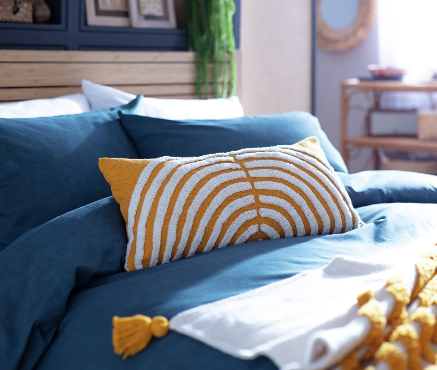 Habitat Geo Tufted Cushion - Yellow & White - 60x30cm 2 Habitat Geo Tufted Cushion - Yellow & White - 60x30cm - Image 2