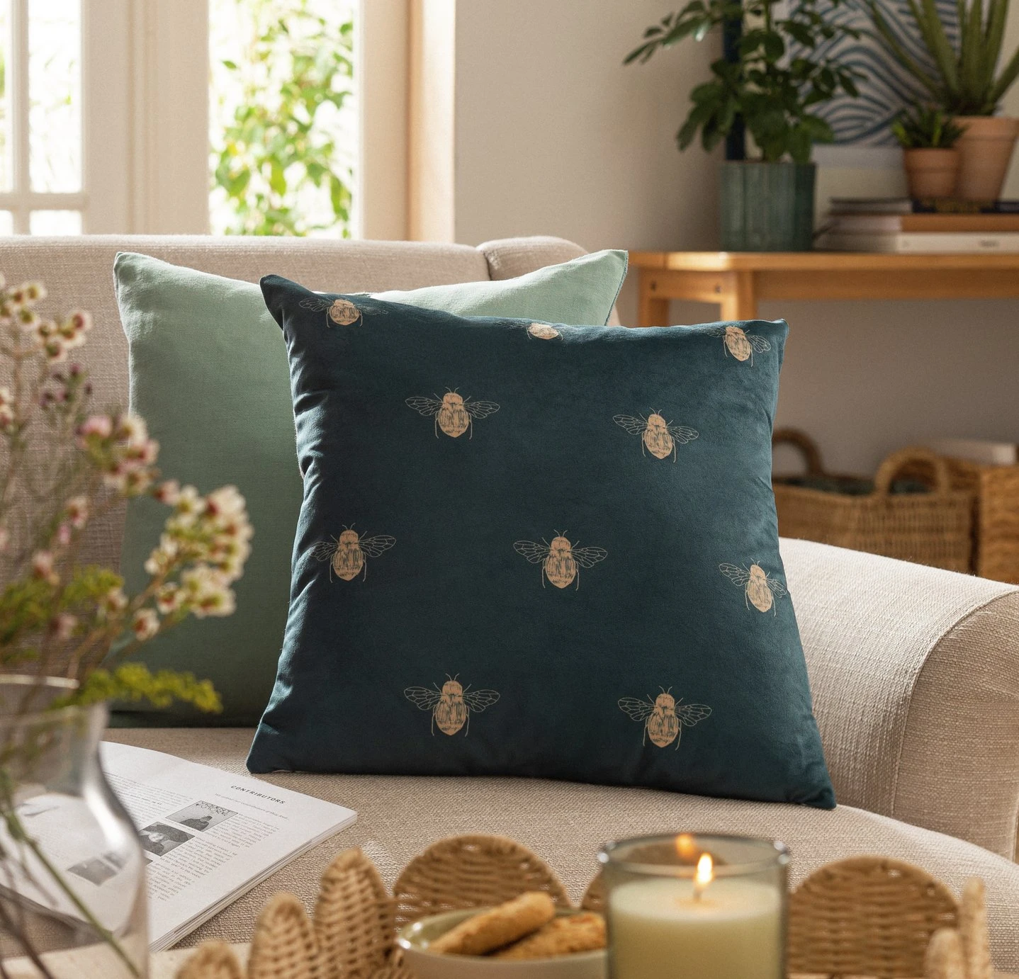 Habitat Gold Bee Printed Cushion - Teal - 43x43cm 2 Habitat Gold Bee Printed Cushion - Teal - 43x43cm - Image 2