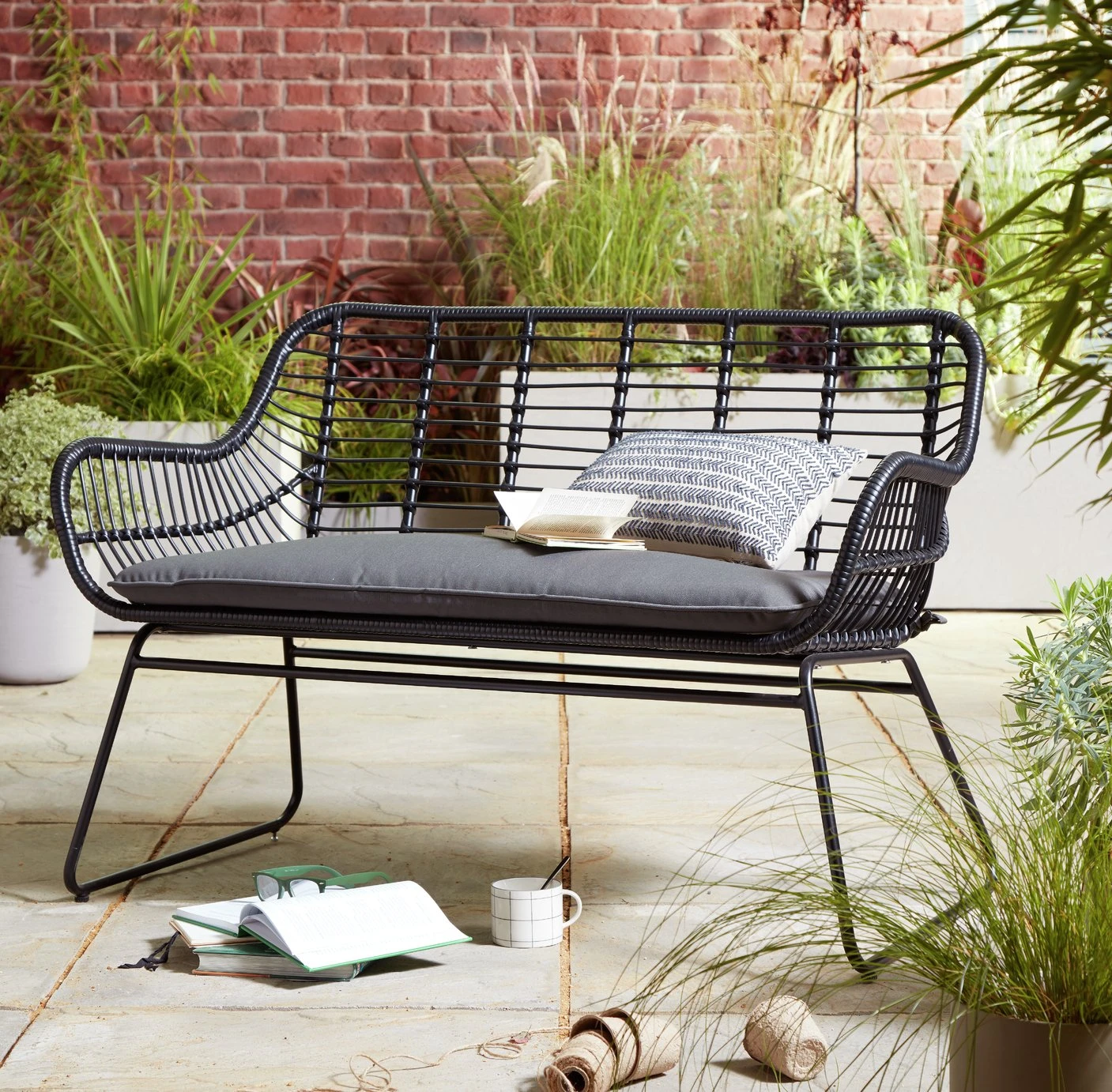 Habitat Ross Rattan Effect Garden Bench - Black 1 Habitat Ross Rattan Effect Garden Bench - Black