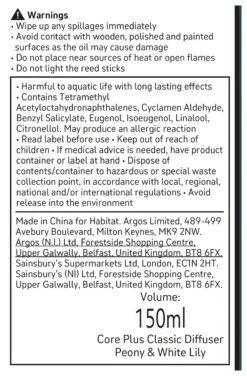 Habitat 150ml Scented Diffuser - Peony & White Lily -Habitat Store 4845096 R Z011A