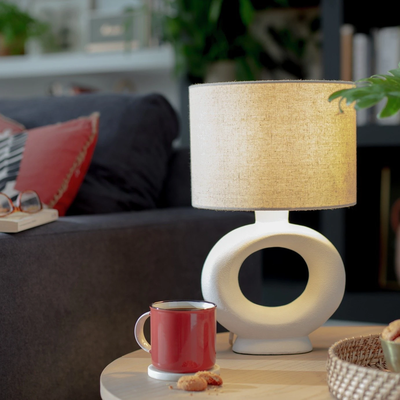 Habitat Nels Large Circle Ceramic Table Lamp - White & Beige 1 Habitat Nels Large Circle Ceramic Table Lamp - White & Beige