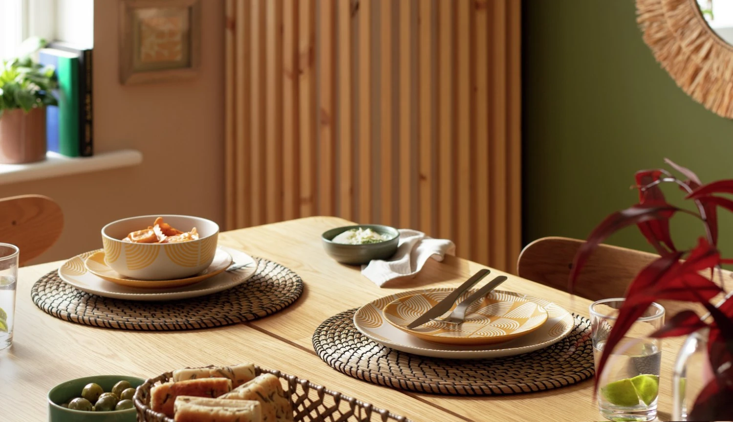 Habitat Block Print 12 Piece Stoneware Dinner Set - Yellow 2 Habitat Block Print 12 Piece Stoneware Dinner Set - Yellow - Image 2