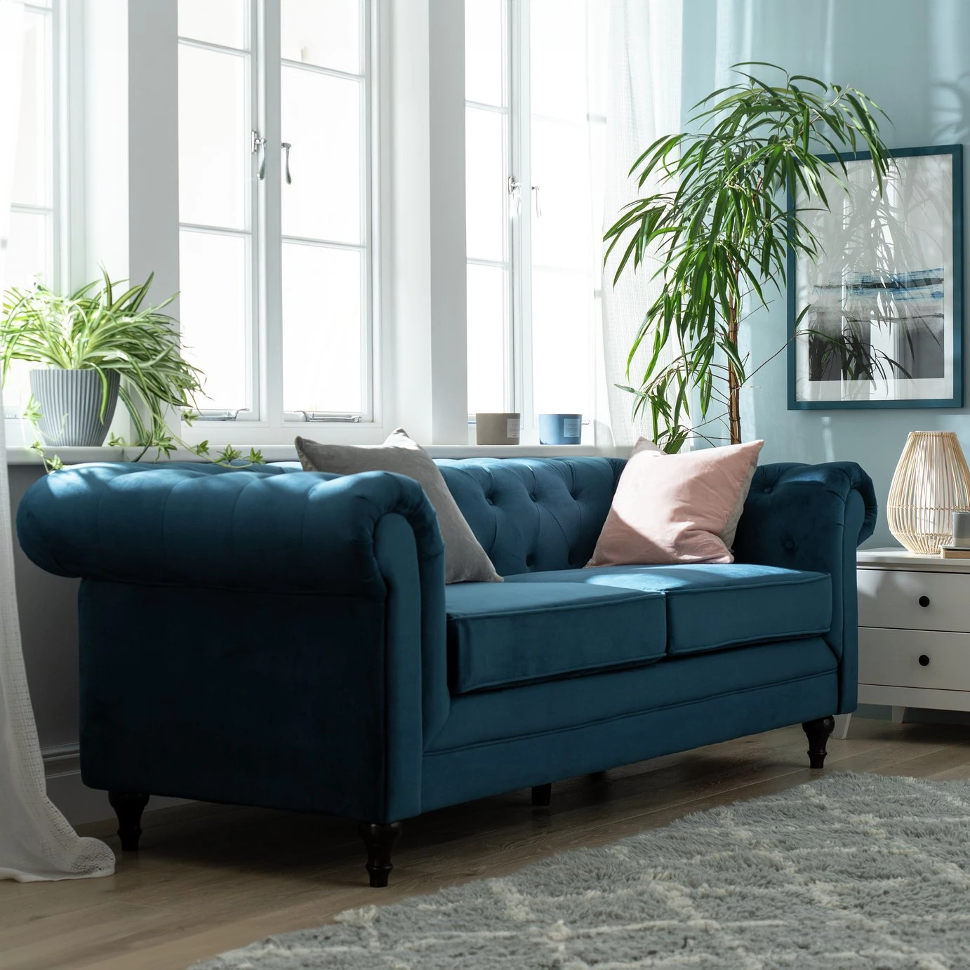 Habitat Chesterfield Velvet 3 Seater Sofa - Blue 2 Habitat Chesterfield Velvet 3 Seater Sofa - Blue - Image 2