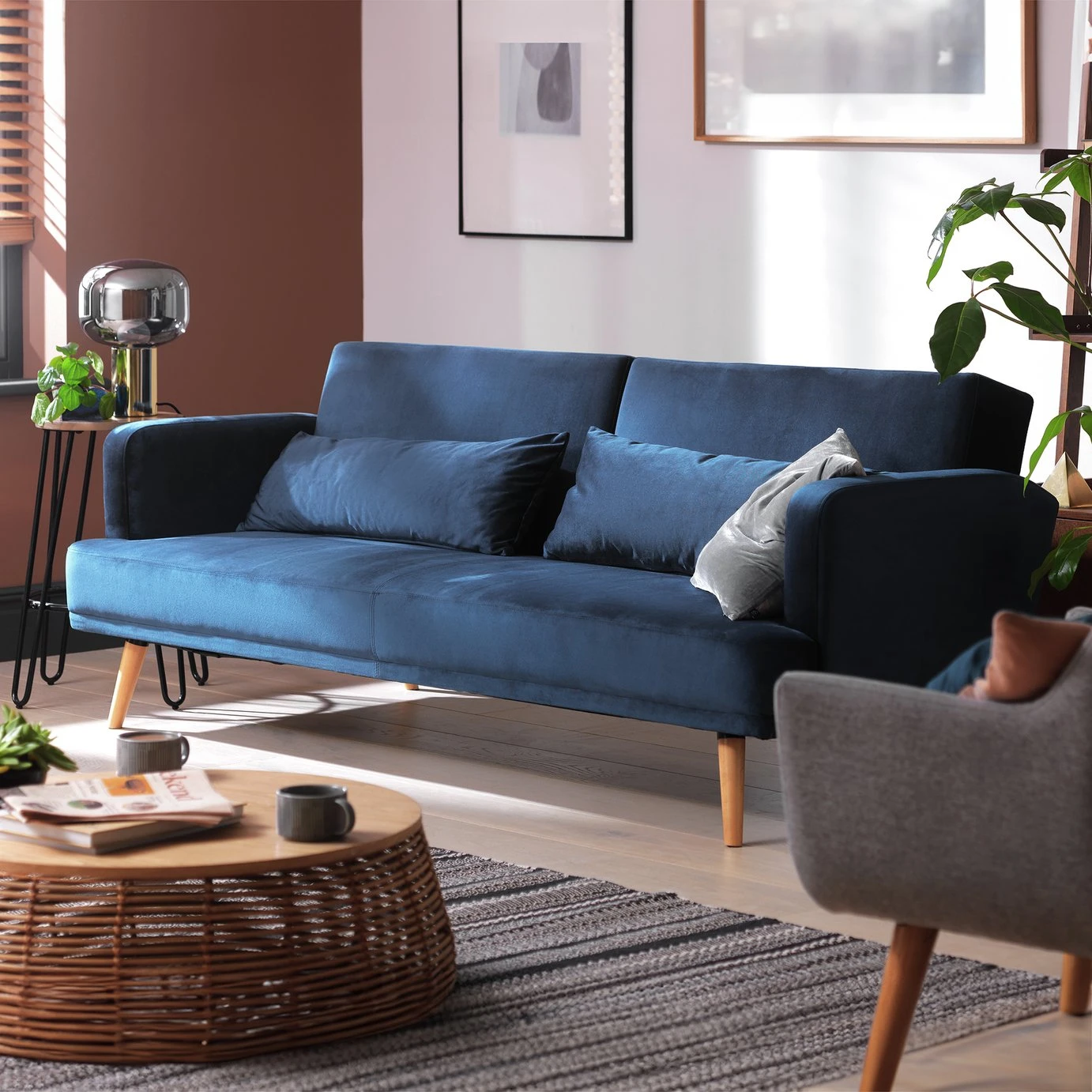 Habitat Andy 3 Seater Velvet Clic Clac Sofa Bed - Blue 2 Habitat Andy 3 Seater Velvet Clic Clac Sofa Bed - Blue - Image 2