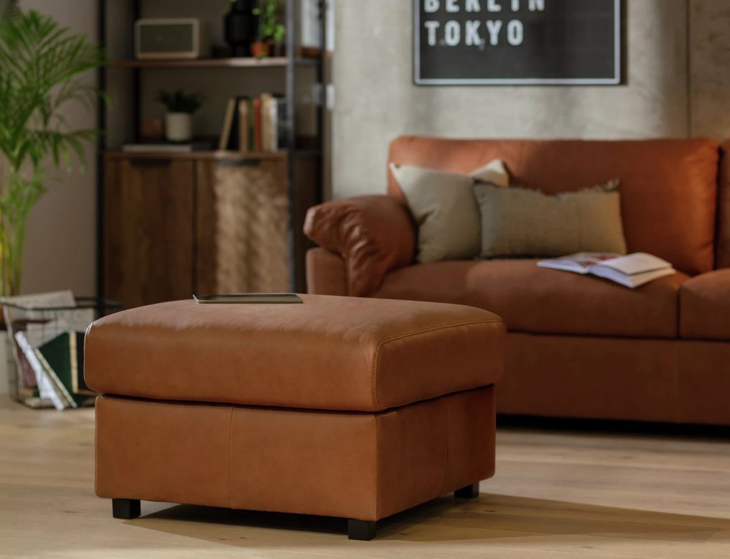 Habitat Florence Leather Ottoman Footstool - Tan 2 Habitat Florence Leather Ottoman Footstool - Tan - Image 2